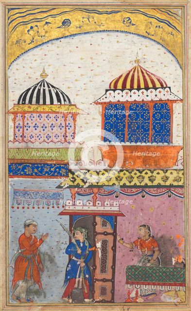 Page from Tales of a Parrot (Tuti-nama): Eighth night: A woman asks her lover to leave..., c. 1560. Creator: Unknown.