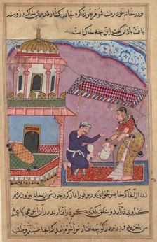 Page from Tales of a Parrot (Tuti-nama): Eighth night: The merchant’s clerk replaces..., c. 1560. Creator: Unknown