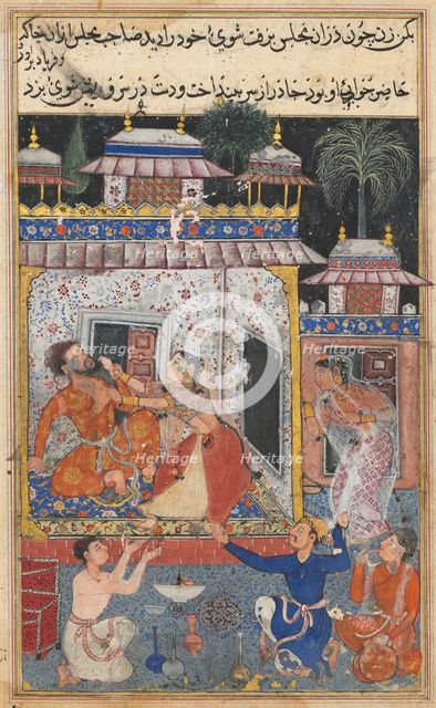 Page from Tales of a Parrot (Tuti-nama): Eighth night: The deceitful wife assaults…, c. 1560. Creator: Unknown.