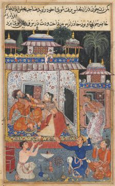 Page from Tales of a Parrot (Tuti-nama): Eighth night: The deceitful wife assaults…, c. 1560. Creator: Unknown