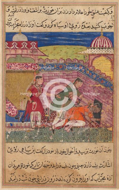 Page from Tales of a Parrot (Tuti-nama): Eighth night: The deceitful wife ejects..., 1558-1560. Creator: Shravana (Indian).