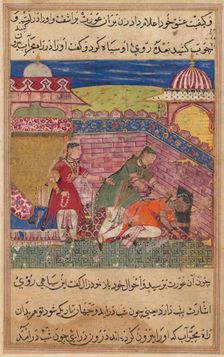 Page from Tales of a Parrot (Tuti-nama): Eighth night: The deceitful wife ejects..., 1558-1560. Creator: Shravana (Indian)