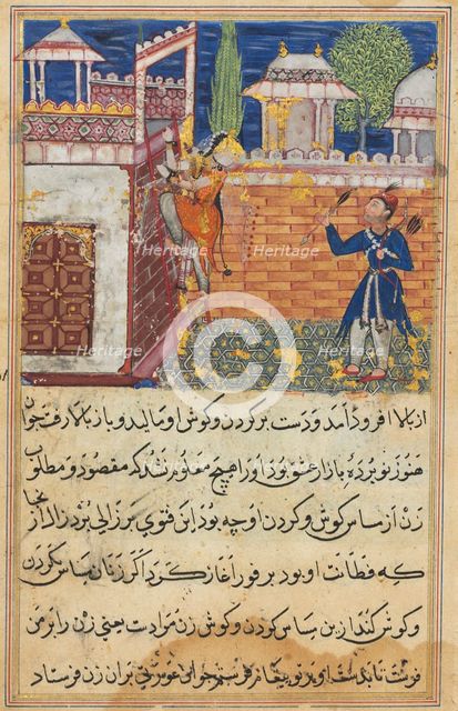 Page from Tales of a Parrot (Tuti-nama): Eighth night: The deceitful wife returns..., 1558-1560. Creator: Shravana (Indian).