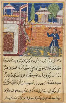 Page from Tales of a Parrot (Tuti-nama): Eighth night: The deceitful wife returns..., 1558-1560. Creator: Shravana (Indian)