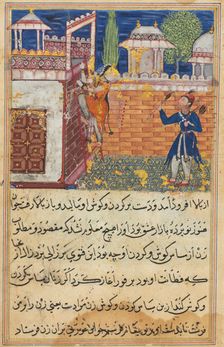Page from Tales of a Parrot (Tuti-nama): Eighth night: The deceitful wife returns..., 1558-1560. Creator: Shravana (Indian)