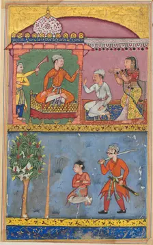 Page from Tales of a Parrot (Tuti-nama): Eighth night: The handmaiden appeals..., c. 1560. Creator: Tara Chand (Indian)