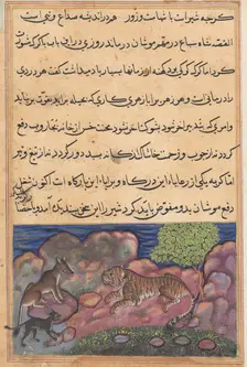 Page from Tales of a Parrot (Tuti-nama): Fifteenth night: The wolf advises the lion..., 1558-1560. Creator: Unknown