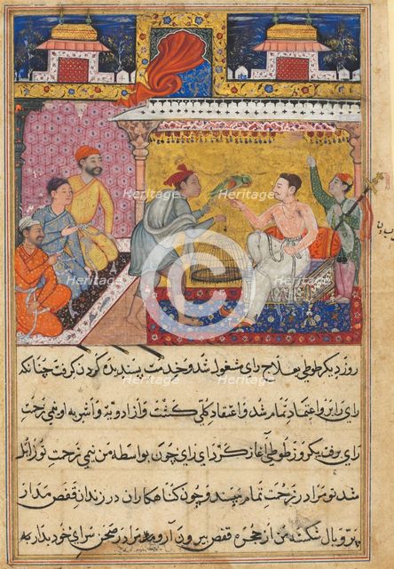 Page from Tales of a Parrot (Tuti-nama): Fifth night: The hunter offers the mother..., c. 1560. Creator: Basavana (Indian, active c. 1560-1600).