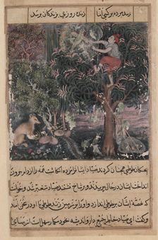 Page from Tales of a Parrot (Tuti-nama): Fifth night: The hunter throws away the baby..., c. 1560. Creator: Basavana (Indian, active c. 1560-1600), attributed to
