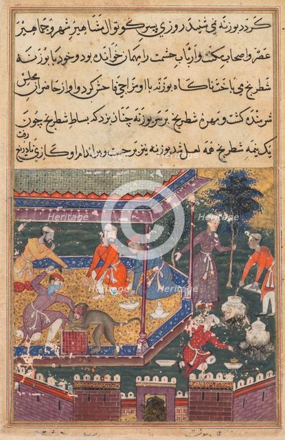 Page from Tales of a Parrot (Tuti-nama): Fifth night: The wounded monkey bites the hand…., c1560. Creator: Unknown.
