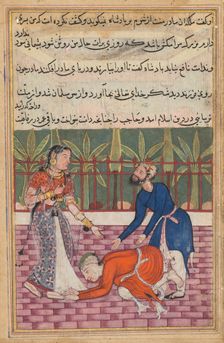 Page from Tales of a Parrot (Tuti-nama): Fiftieth night: The guard restores the son..., c. 1560. Creator: Unknown