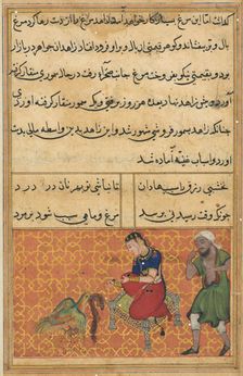 Page from Tales of a Parrot (Tuti-nama): Fifty-second night: The bird of seven colours…, c. 1560. Creator: Unknown