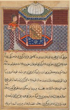 Page from Tales of a Parrot (Tuti-nama): Fifty-second night: The parrot addresses Khujasta..., c1560 Creator: Unknown