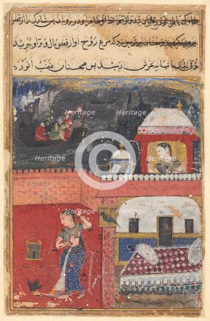 Page from Tales of a Parrot (Tuti-nama): First night: Khujasta kills the pet myna..., c. 1560. Creator: Unknown.