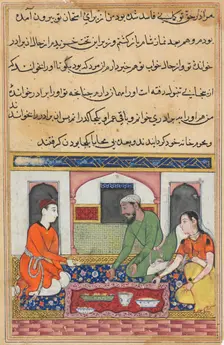 Page from Tales of a Parrot (Tuti-nama): Fortieth night: Shahr-Arai and her husband..., c. 1560. Creator: Unknown
