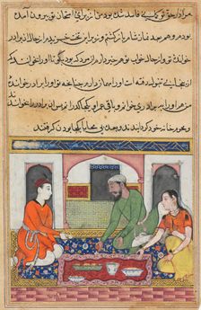 Page from Tales of a Parrot (Tuti-nama): Fortieth night: Shahr-Arai and her husband..., c. 1560. Creator: Unknown
