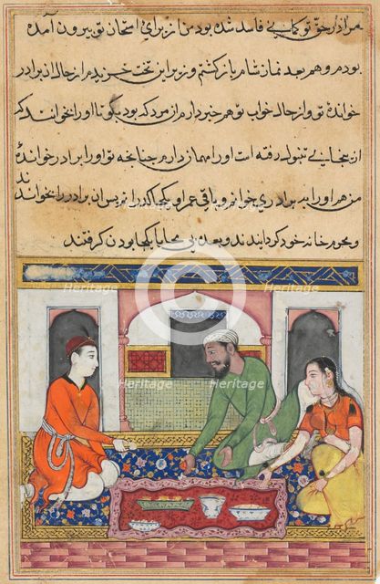 Page from Tales of a Parrot (Tuti-nama): Fortieth night: Shahr-Arai and her husband..., c. 1560. Creator: Unknown.