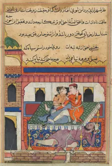 Page from Tales of a Parrot (Tuti-nama): Fortieth night: Shahr-Arai and her lover..., c. 1560. Creator: Unknown