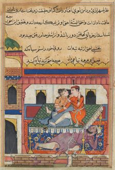 Page from Tales of a Parrot (Tuti-nama): Fortieth night: Shahr-Arai and her lover..., c. 1560. Creator: Unknown