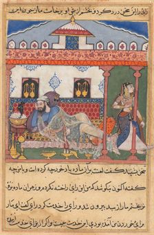 Page from Tales of a Parrot (Tuti-nama): Forty-third night: The snake, hidden in a basket..., c. 156 Creator: Unknown