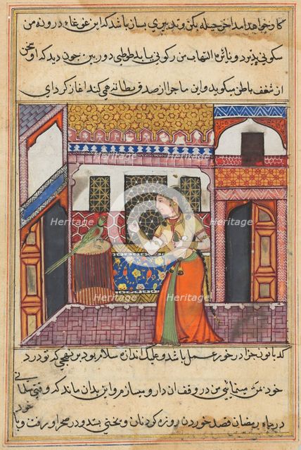 Page from Tales of a Parrot (Tuti-nama): Forty-third night: The parrot addresses Khujasta…, c. 1560. Creator: Unknown.