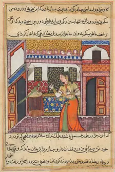 Page from Tales of a Parrot (Tuti-nama): Forty-third night: The parrot addresses Khujasta…, c. 1560. Creator: Unknown