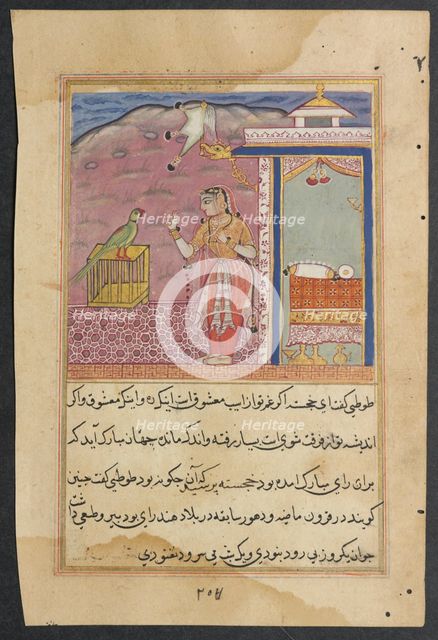 Page from Tales of a Parrot (Tuti-nama): Forty-fourth night: The parrot addresses..., c. 1560. Creator: Unknown.