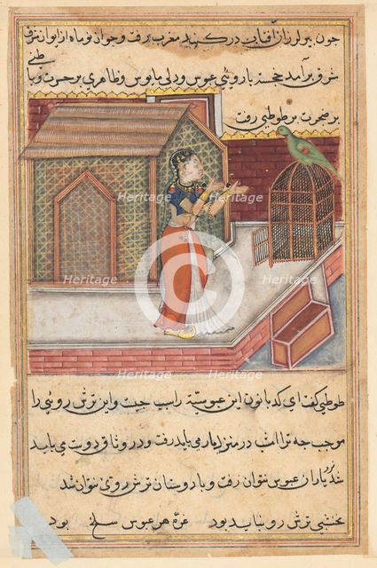 Page from Tales of a Parrot (Tuti-nama): Forty-ninth night: The parrot addresses Khujasta..., c1560. Creator: Unknown.