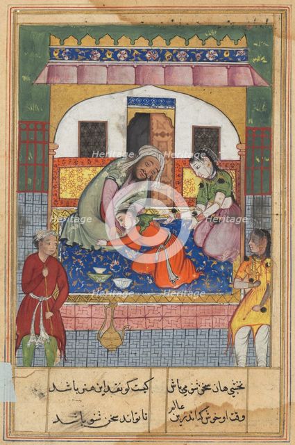 Page from Tales of a Parrot (Tuti-nama): Forty-second night: Repenting his conduct..., c. 1560. Creator: Unknown.