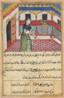 Page from Tales of a Parrot (Tuti-nama): Forty-second night: The parrot addresses..., c. 1560. Creator: Unknown