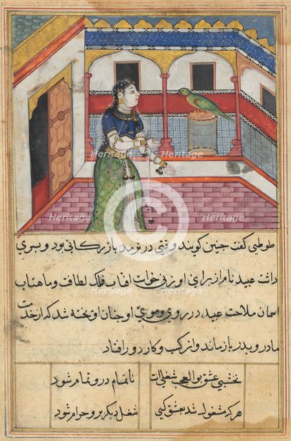 Page from Tales of a Parrot (Tuti-nama): Forty-second night: The parrot addresses..., c. 1560. Creator: Unknown.