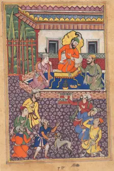 Page from Tales of a Parrot (Tuti-nama): Forty-sixth night: The court of the Raja of Ujjain, c. 1560 Creator: Unknown