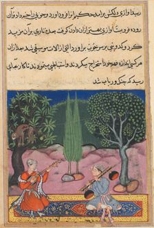 Page from Tales of a Parrot (Tuti-nama): Fourteenth night: The invention of musical..., c. 1560. Creator: Unknown