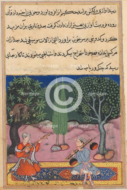 Page from Tales of a Parrot (Tuti-nama): Fourteenth night: The invention of musical..., c. 1560. Creator: Unknown.