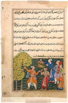 Page from Tales of a Parrot (Tuti-nama): Ninth night: The king plucks fruit from the Tree..., c. 156 Creator: Unknown