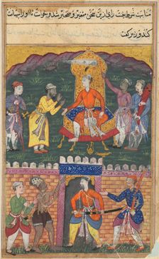 Page from Tales of a Parrot (Tuti-nama): Seventh night: The vizier dissuades the king..., c. 1560. Creator: Unknown