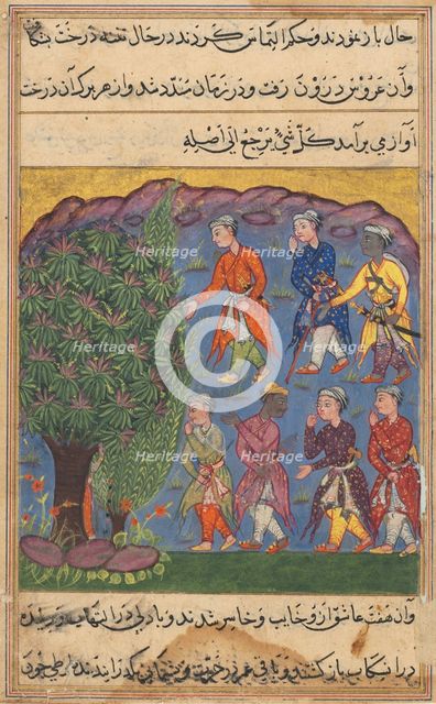 Page from Tales of a Parrot (Tuti-nama): Sixth night: Seven men disputing possession..., c. 1560. Creator: Unknown.