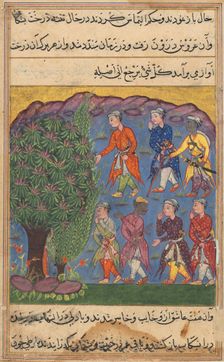 Page from Tales of a Parrot (Tuti-nama): Sixth night: Seven men disputing possession..., c. 1560. Creator: Unknown