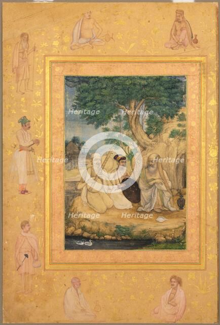 Page from the Late Shah Jahan Album: Prince and Ascetics, c. 1630. Creator: Govardhan (Indian, active c.1596-1645), attributed to.
