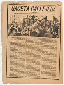 Page from the periodical Gaceta Callejera relating to the continuation of anti-re-electi..., 1892. Creator: José Guadalupe Posada