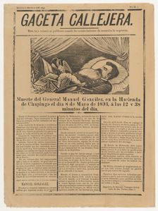 Page from the periodical Gaceta Callejera relating to the death of General González in C..., 1893. Creator: José Guadalupe Posada
