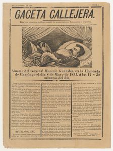 Page from the periodical Gaceta Callejera relating to the death of General González in C..., 1893. Creator: José Guadalupe Posada