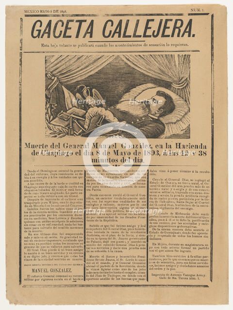 Page from the periodical 'Gaceta Callejera' relating to the death of General González in C..., 1893. Creator: José Guadalupe Posada.