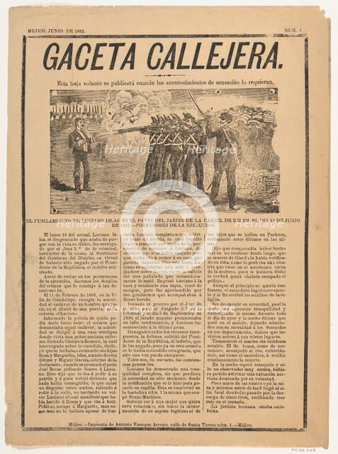 Page from the periodical 'Gaceta Callejera' relating to the execution by firing squad of L..., 1892. Creator: José Guadalupe Posada.