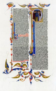 Page of text with illuminated initial letter, 14th century