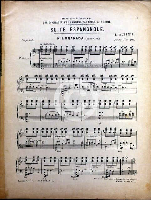 Page of the score 'Spanish Suite nº. 1 Granada' by Isaac Albéniz.