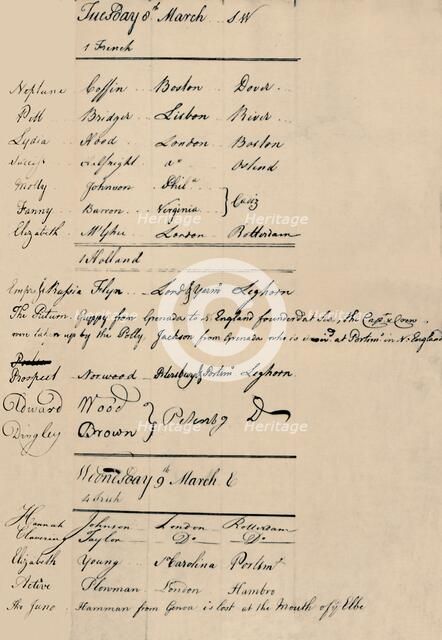 'Page of Arrival and Loss Book at Lloyd's, 1774', (1928). Artist: Unknown.