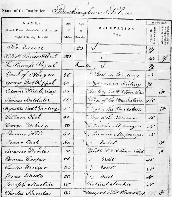 Page of Buckingham Palace Census Return for 1841. Artist: Unknown
