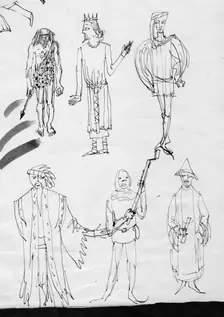 Page of sketches, people in period costume, c1950. Creator: Shirley Markham