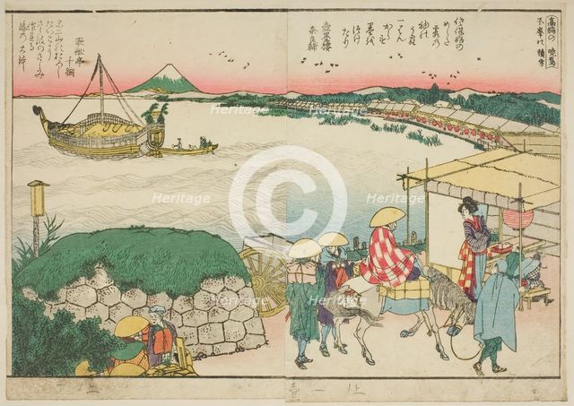 Pages from the illustrated book "Panoramic Views along the Banks of the Sumida...,1801,1804, or 806. Creator: Hokusai.